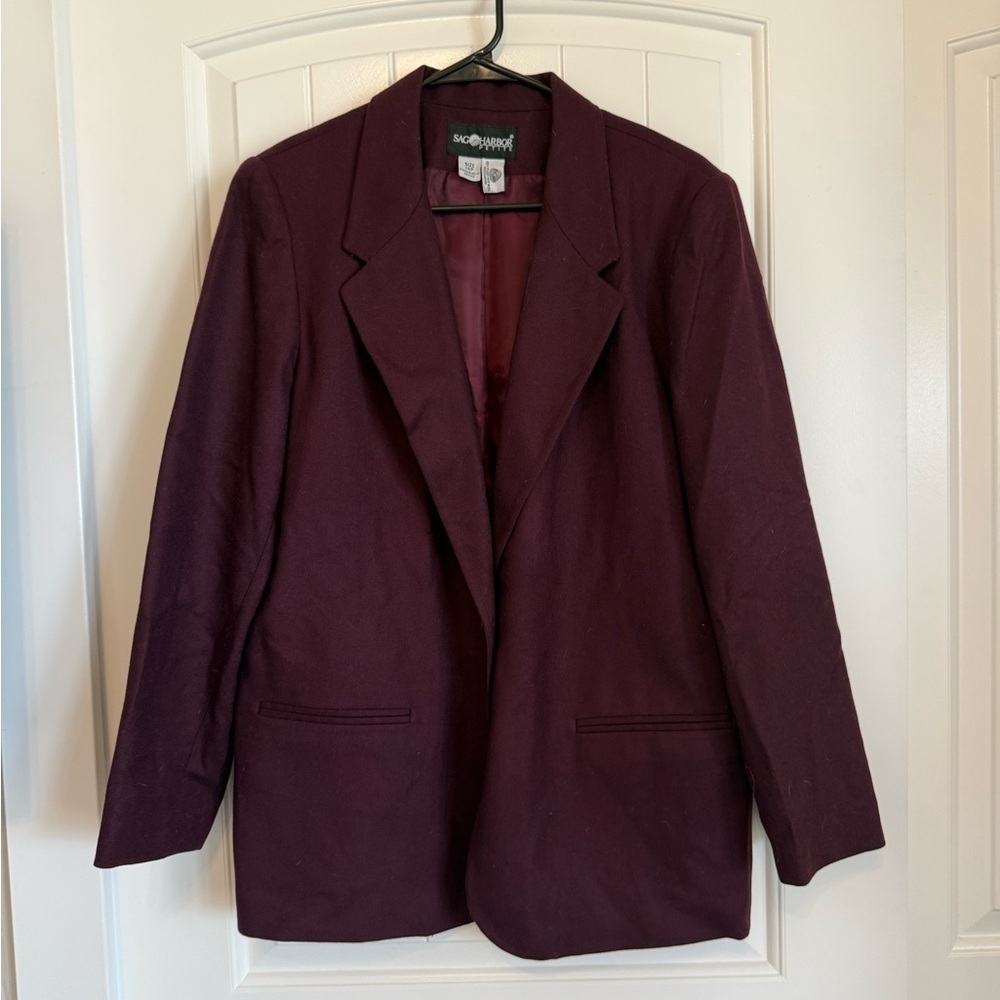 100% WOOL classic long blazer purple aubergine Sag Harbor Vintage PLUS women 14
